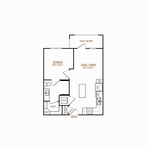 A floor plan of a house with a redroom, living/dining area, patio/balcony, and an entry.